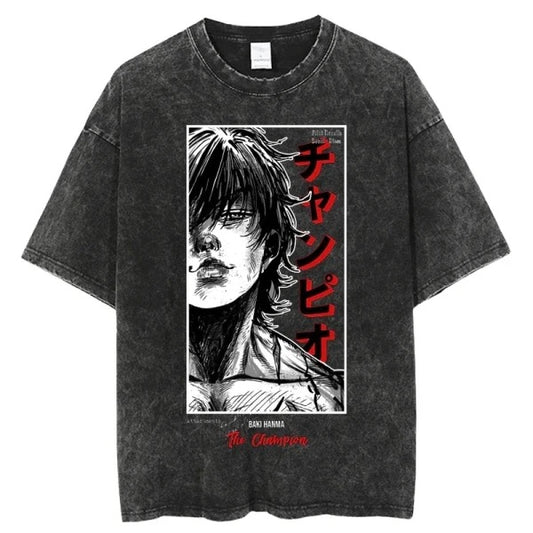 T-Shirt Retro Vintage Washed Anime Graphic T Hip Hop Men Streetwear